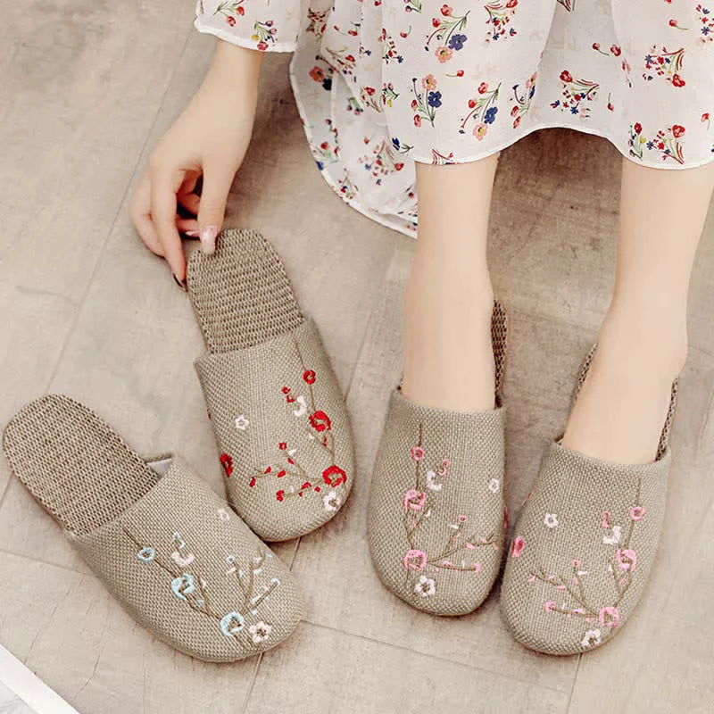 Easy-to-Use Ownkoti Embroidered Plum Bossom Comfy Flax Slippers Carefully Designed