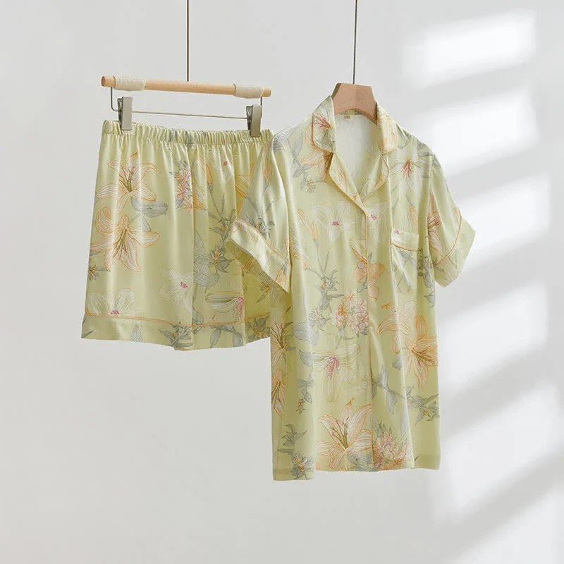 Prestigious Ownkoti Lily Flower Breathable V-neck Short Loungewear Next-Generation