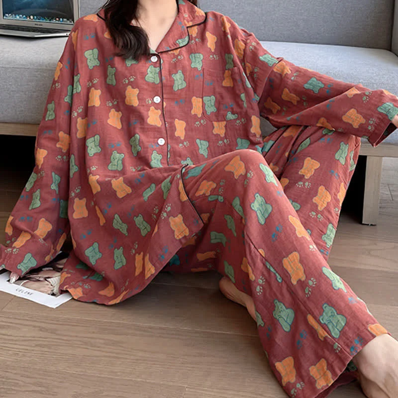 Green Ownkoti Plus Size Bear Cotton Lapel Loungewear Set Superior