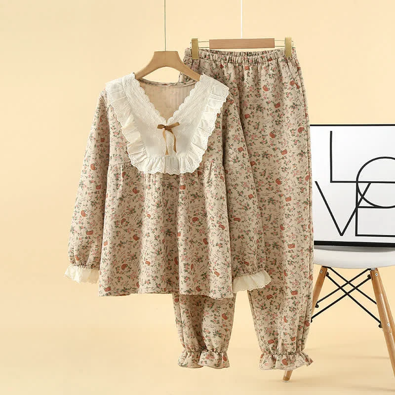 Casual Ownkoti Vintage Rose Garden Cotton Loungewear Set Practical