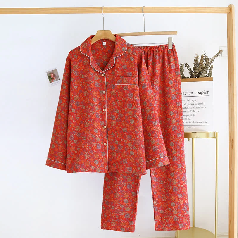 Fast Ownkoti Rose Flower Cotton Lapel Nightwear Set Stylish