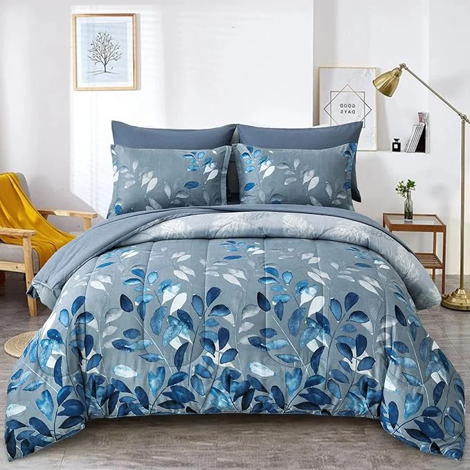 Consistent Anibedding Blue Comforter Set California King Size 7 Piece Navy Botanical Gradient Leaves Ultra Soft Lightweight Reversible Microfiber Bedding Comforter Set for All Season Classic