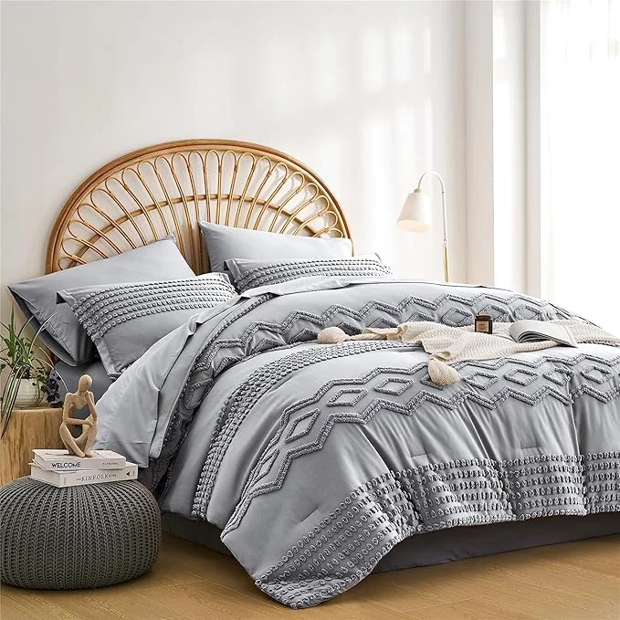 Proven KAKIJUMN Grey Tufted Comforter Set Full Size 7 Piece Bed in a Bag Shabby Chic Boho Comforter and Sheet Set Pom Pom Textured Bed Set All Season Soft Microfiber Complete Bedding Set Grey Full Specialty