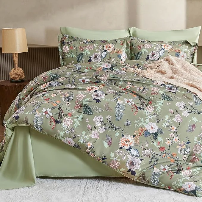 Responsible 7 Piece King Comforter Set Sage Green Butterfly Floral Comforter Set with Flowers Leaves Pattern Soft Microfiber Complete Bedding Set for All Season Sage Green King Casual