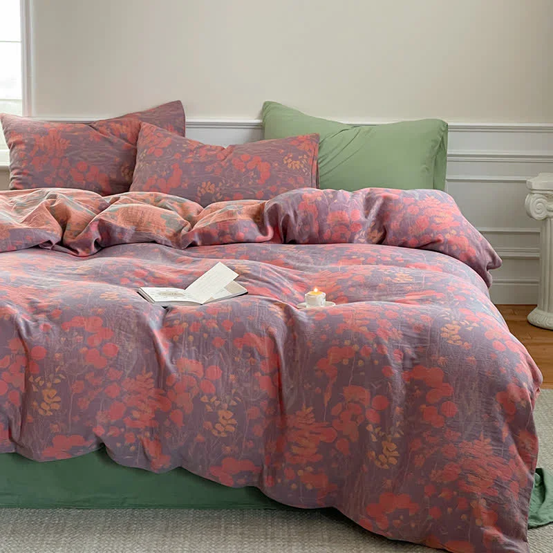 Modern Ownkoti Lotus Pond Cotton Gauze Bedding Set 4PCS Secure