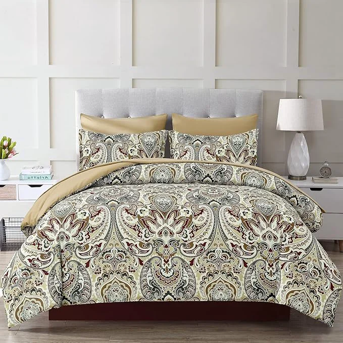 High-Grade Boho Comforter Set Queen 7 Pieces Bed in a Bag Comforter Boho Paisley Pattern Bedding Soft Microfiber Queen Size 1 Khaki Comforter 1 Flat Sheet 1 Fitted Sheet 2 Pillow shams 2 Pillowcases Authentic