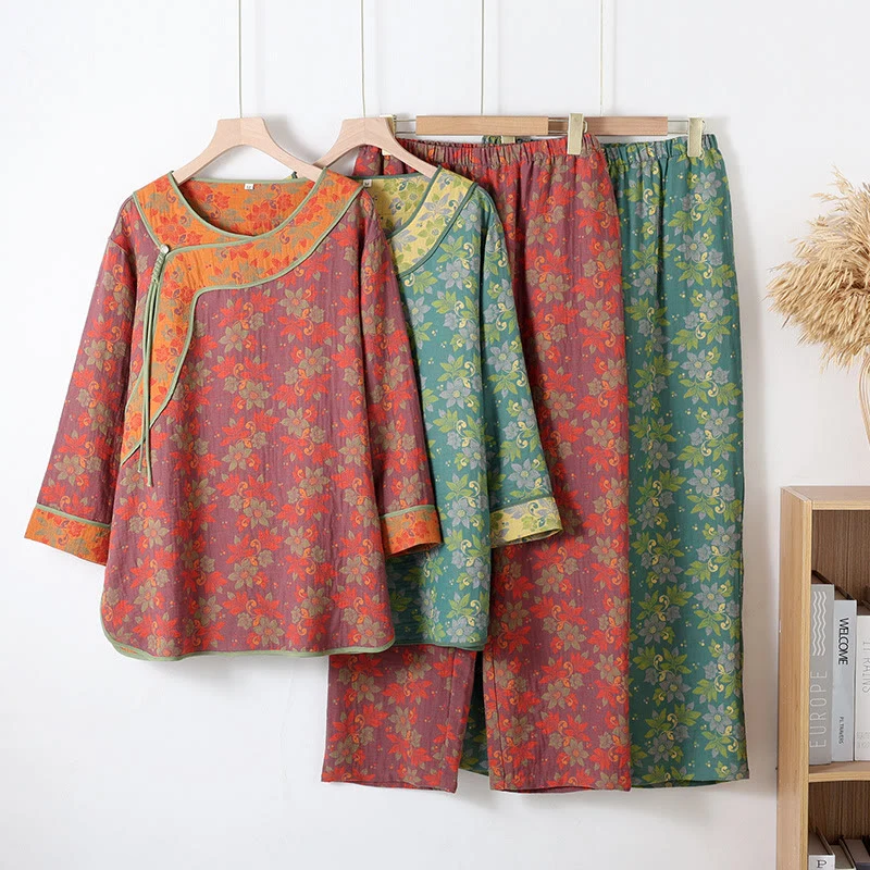 Unique Ownkoti Floral Frog Closure Cotton Gauze Pajama Set Luxury