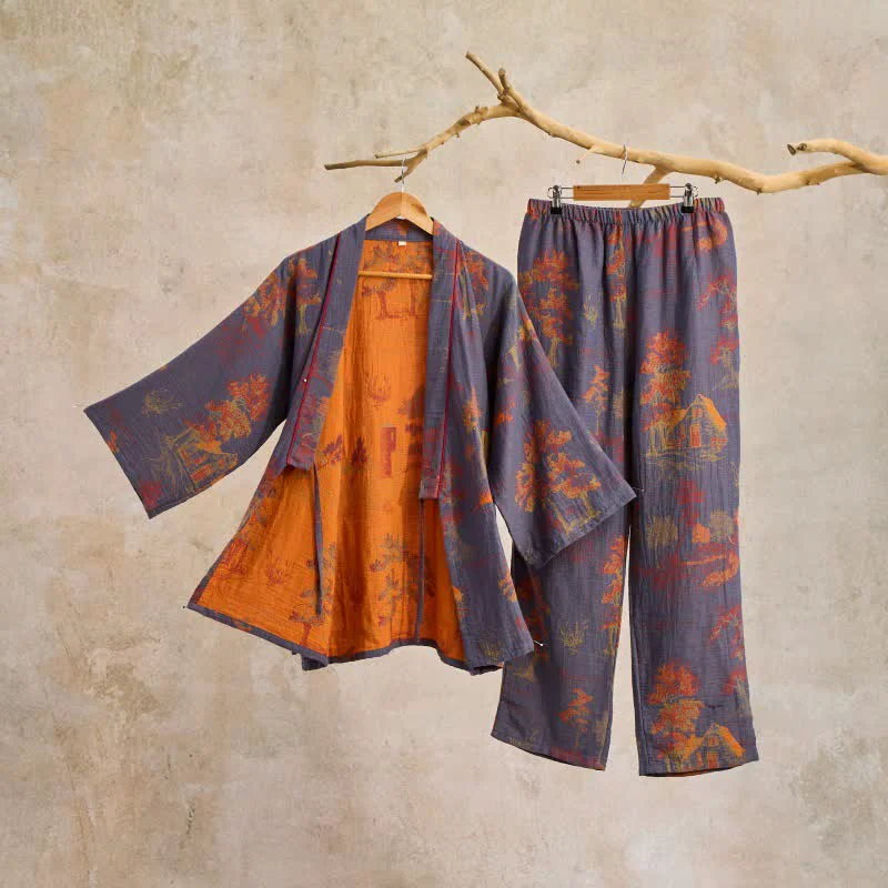 Comfortable Neutral Pajama Set in Kimono Style Cotton Genuine