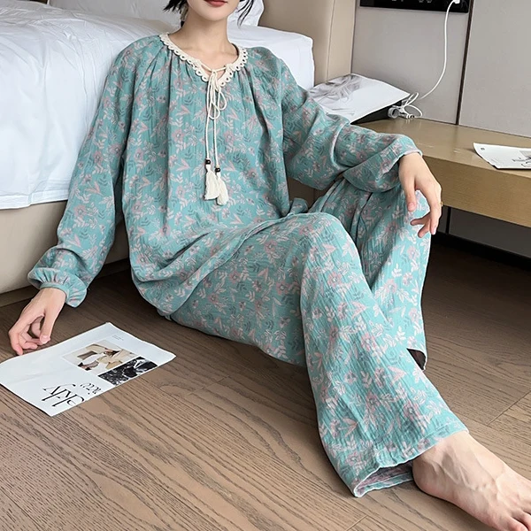Easy-to-Use Ownkoti Plus Size Lace Neckline Cotton Pajama Set User-Friendly