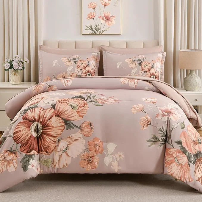 Enhanced King Size Comforter Set – 7 Pieces Floral Comforter and Sheet Set Khaki King Size Bed in a Bag Soft Microfiber Flower Complete Bedding Set for All Seasons（Khaki 104 quot x90 quot ） Responsible