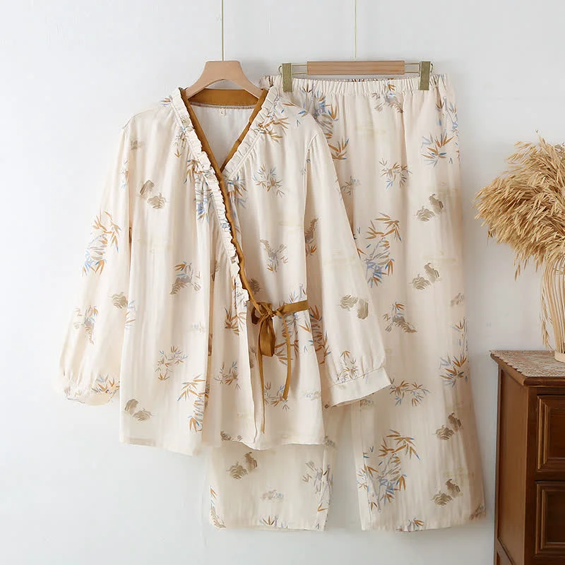 Lightweight Ownkoti Long Sleeve Cotton Gauze Pajama Set Pure
