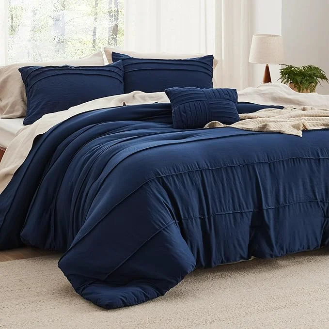 Classic Bedsure King Comforter Set – 4 Pieces Pinch Pleat Bed Set Navy Blue Boho Bedding for All Season 1 Soft Comforter 2 Pillowcases 1 Decorative Pillow Superior