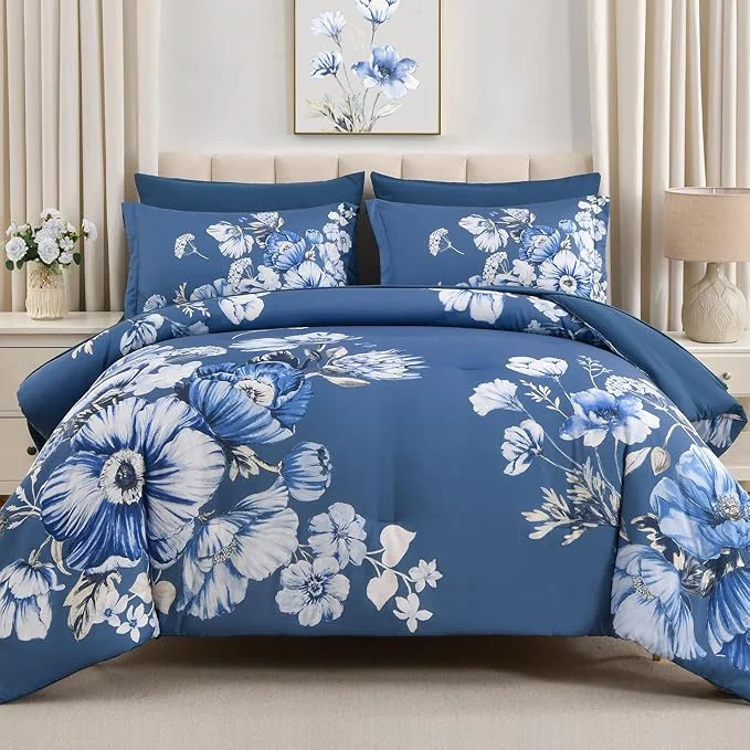 Long-Lasting Queen Comforter Set – 7 Pieces Bed in a Bag Blue Floral Queen Comforter Set with Sheets Soft Microfiber Flower Complete Bedding Set for All Seasons（Blue 90 quot x90 quot ） Excellent