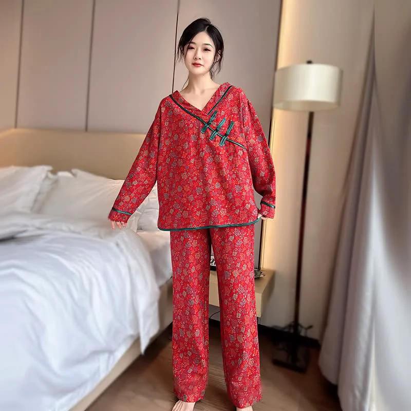 Refined Ownkoti Plus Size Frog Button Rose Cotton Pajama Set Powerful