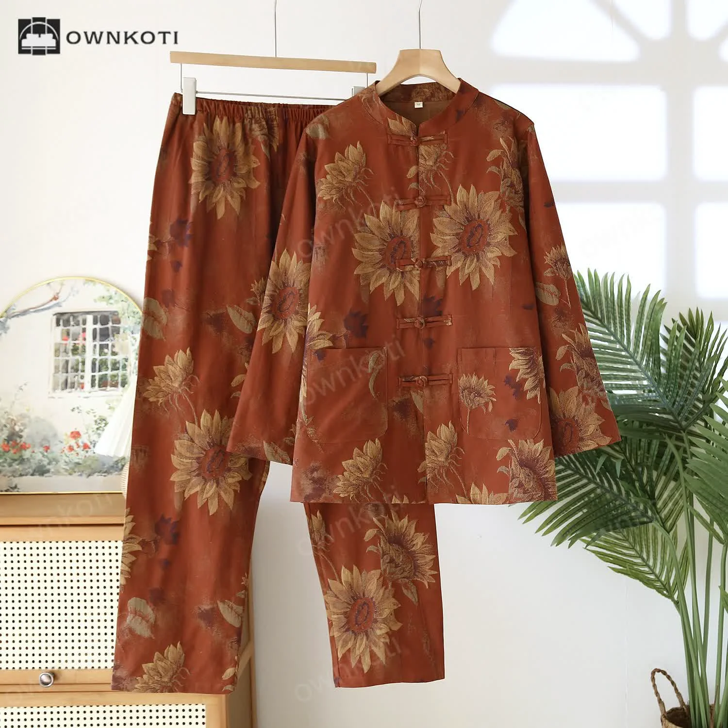 Elite Ownkoti Retro Sunflower Stand Collar Couple Pajama Set Convenient