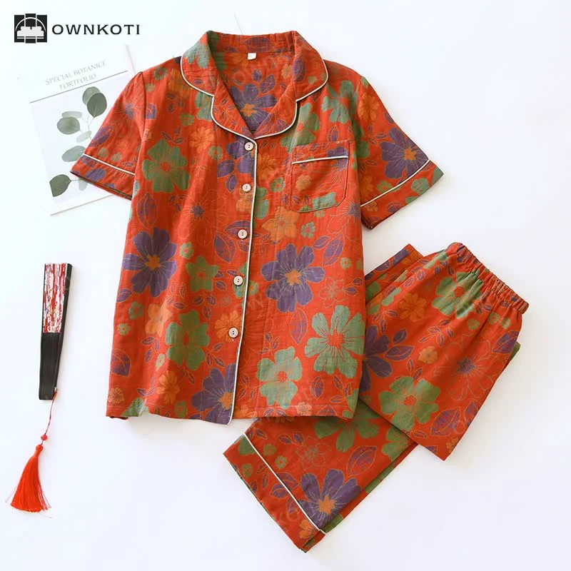 Sophisticated Ownkoti Jacquard Floral Cotton Short-sleeve Pajama Set Trendy