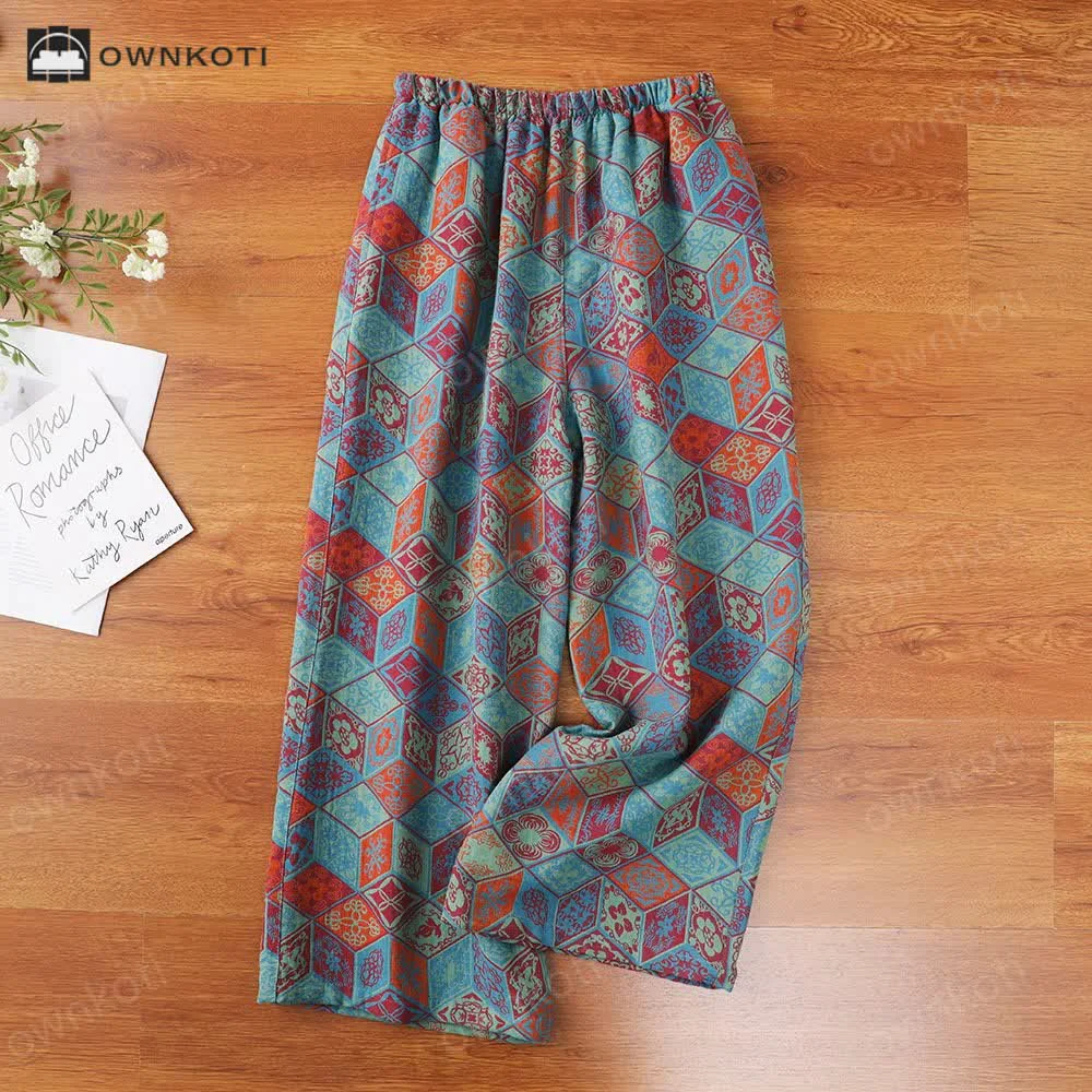 Reusable Ownkoti Vintage Diamond Print Cotton Gauze Pajama Pants Fashionable