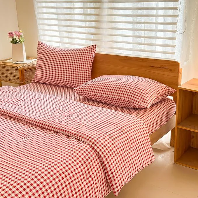 Refined NSNLGSGC King Size Comforter Set Red Gingham Bedding Comforter Sets Red Grid Bed Comforter 3 Pieces 1 Comforter 2 Pillowcases Proven