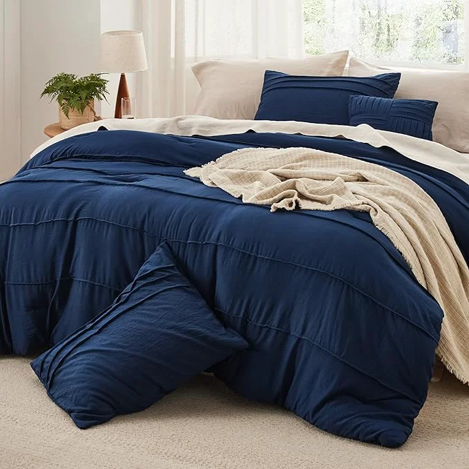 Traditional Bedsure Navy Blue Oversized King Size Comforter Set – 4 Pieces Pinch Pleat Bed Set Down Bedding Sets for All Season 1 Comforter 2 Pillowcases 1 Decorative Pillow Certified