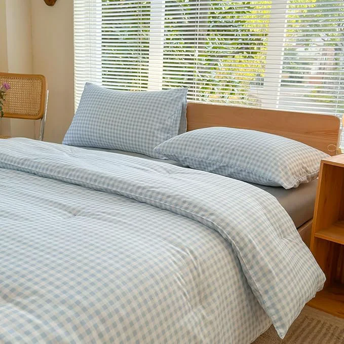 Smart NSNLGSGC King Size Comforter Set Light Blue Gingham Bedding Comforter Sets Blue Grid Bed Comforter 3 Pieces 1 Comforter 2 Pillowcases Enhanced