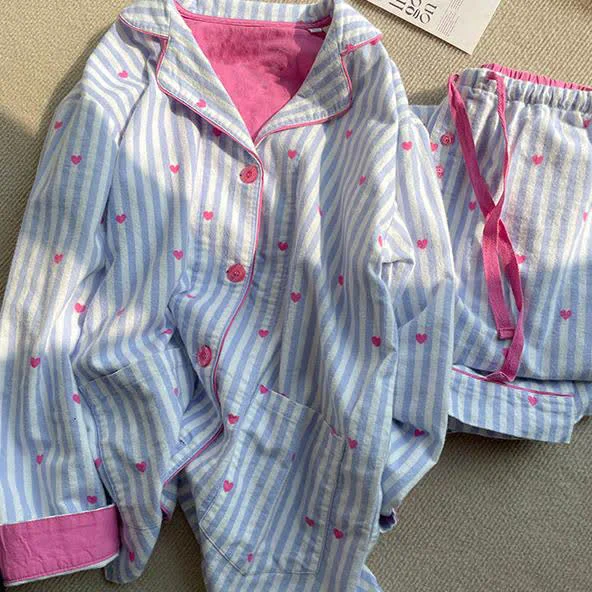 Selected Ownkoti Sweet Heart Print Striped Pajama Set Versatile