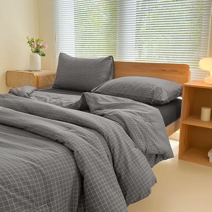 First-Class NSNLGSGC Twin Comforter Set Dark Gray Plaid Bedding Sets Charcoal Grid Bed Comforter 2 Pieces 1 Comforter 1 Pillowcase Original