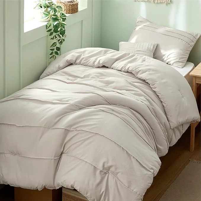 Functional Bedsure Beige Twin XL Comforter Set – 3 Pieces Pinch Pleat Bed Set Down Bedding Sets for All Season 1 Comforter 1 Pillowcase 1 Decorative Pillow Detailed