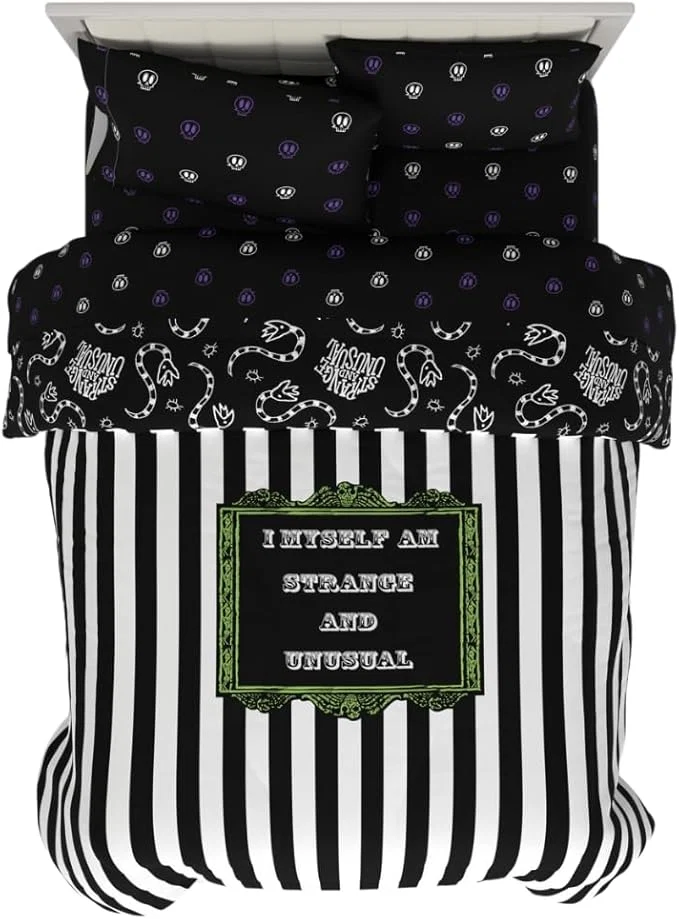 Flexible Franco Collectibles Beetlejuice Halloween Striped Bedding 5 Piece Super Soft Reversible Comforter and Sheet Set Full ly Licensed Product Fine