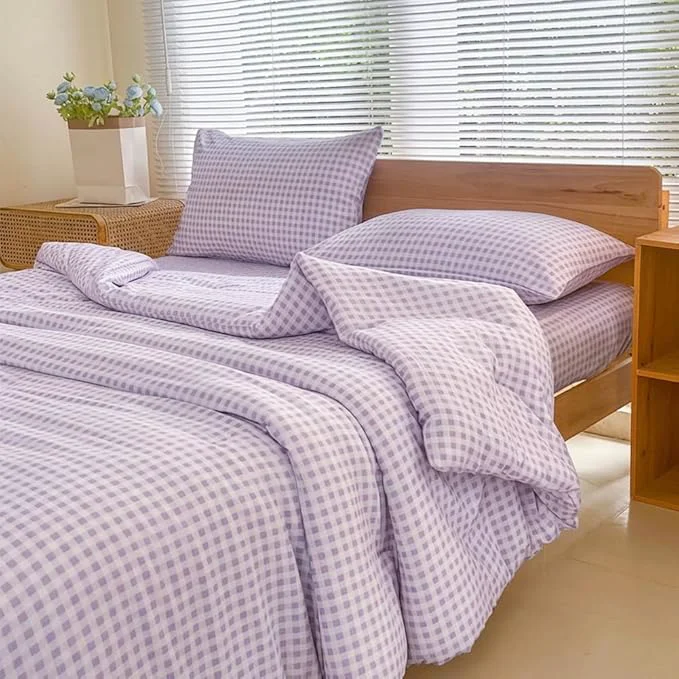 Professional NSNLGSGC King Size Comforter Set Purple Gingham Bedding Comforter Sets Purple Grid Bed Comforter 3 Pieces 1 Comforter 2 Pillowcases Proven