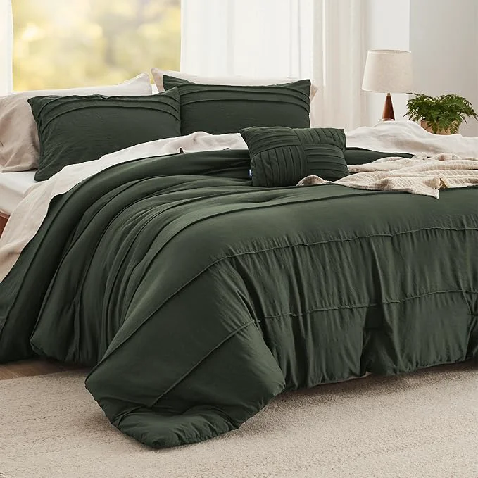 Dependable Bedsure California King Comforter Set – 4 Pieces Pinch Pleat Bed Set Olive Green Boho Bedding for All Season 1 Soft Comforter 2 Pillowcases 1 Decorative Pillow Minimalist