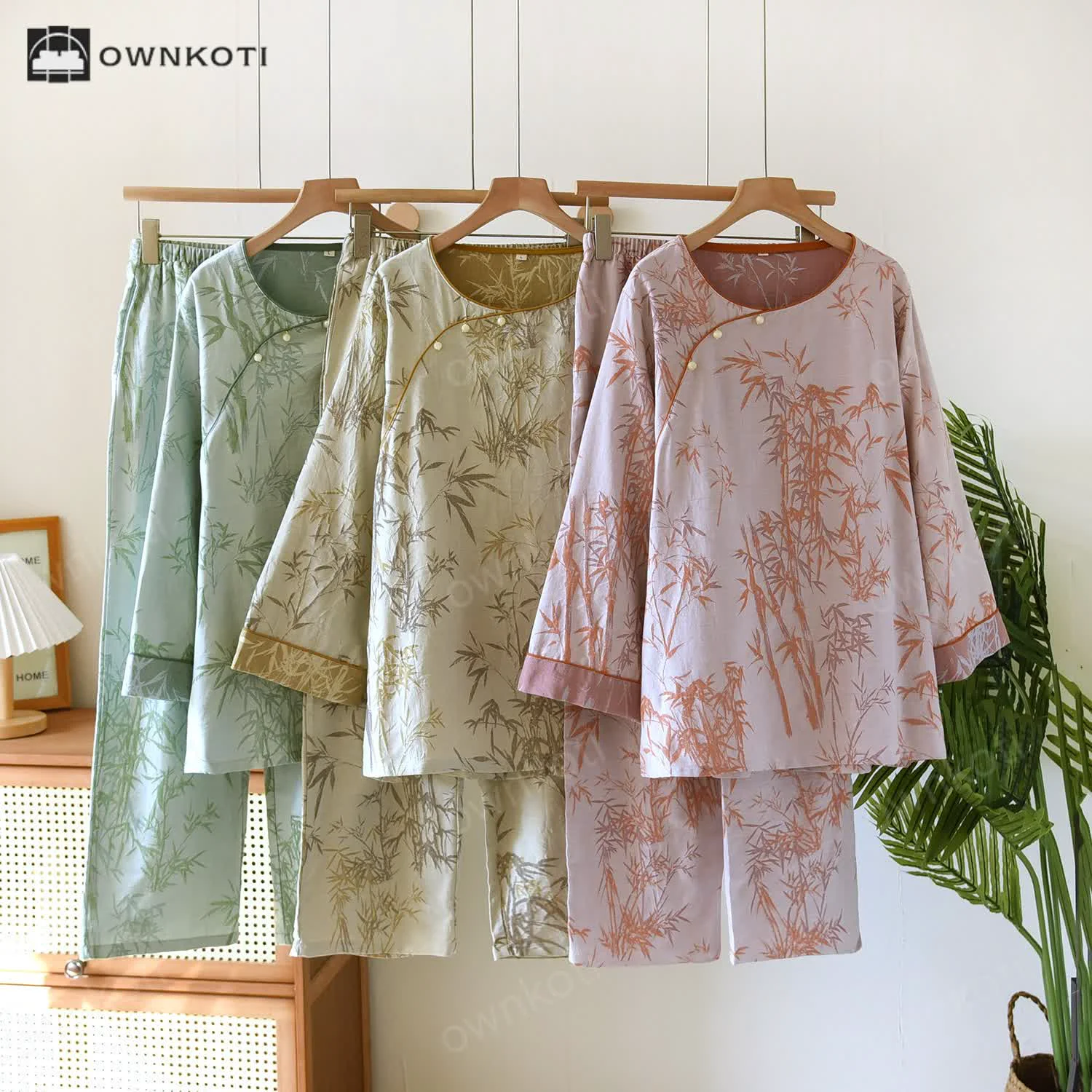 Stylish Ownkoti Jacquard Bamboo Double Layer Gauze Nightwear Set Relaxed