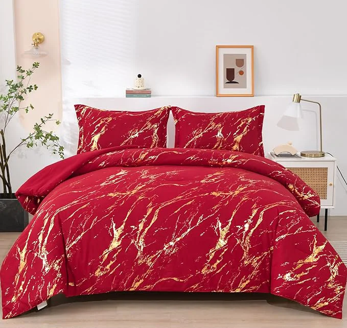 Original WONGS BEDDING Red Gold Metallic Marble Comforter Set King Red Christmas Bedding Sets with 2 Pillowcases for All Seasons Soft Microfiber Filling Bedding Duvet Set 103 quot x90 quot Stylish