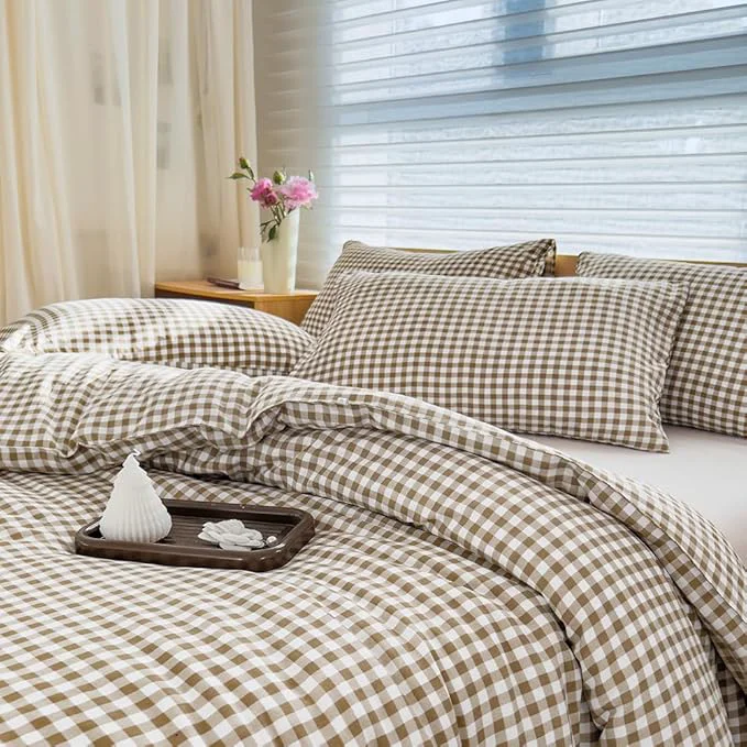 Professional NSNLGSGC Twin Comforter Set Tan Gingham Bedding Sets Brown Grid Bed Comforter 2 Pieces 1 Comforter 1 Pillowcase Selected