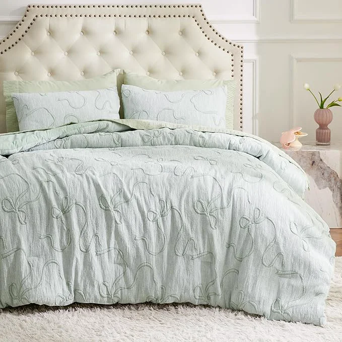 Functional Bedsure Sage Green Comforter Set Queen GentleSoft™ 3 Pieces Breathable Bow Comforter Set Women Girls with 2 Pillow Shams Cute Queen Bedding Sets Room Decor Aesthetic Bedroom Decor 90×90 Inches Classic