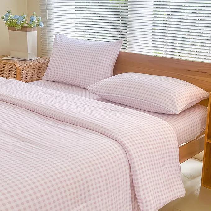 Enhanced NSNLGSGC King Size Comforter Set Pink Gingham Bedding Comforter Sets Pink Grid Bed Comforter 3 Pieces 1 Comforter 2 Pillowcases Optimized