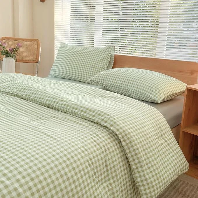 Exceptional NSNLGSGC King Size Comforter Set Sage Green Gingham Bedding Comforter Sets Green Grid Bed Comforter 3 Pieces 1 Comforter 2 Pillowcases Responsible