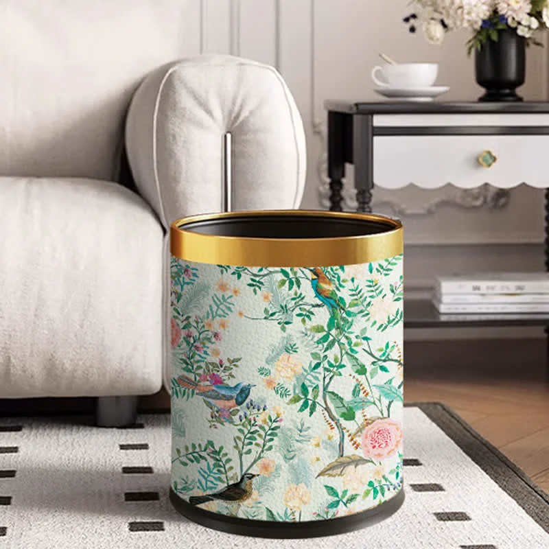 High-Grade Ownkoti Floral Bird Leather Stainless Steel Trash Bin Consistent