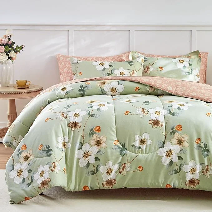 High-Grade AIKASY 6 Piece Floral Comforter Set Twin Size – Soft Microfiber Bed in a Bag with Sheet Set for All Seasons – Green Flower Botanical Design – Reversible Bedding Set Certified