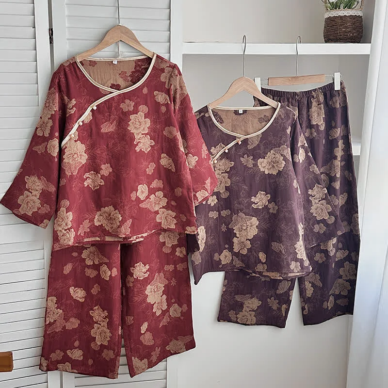 Breathable Ownkoti Vintage Floral Cotton Gauze Jacquard Nightwear Set Fashionable