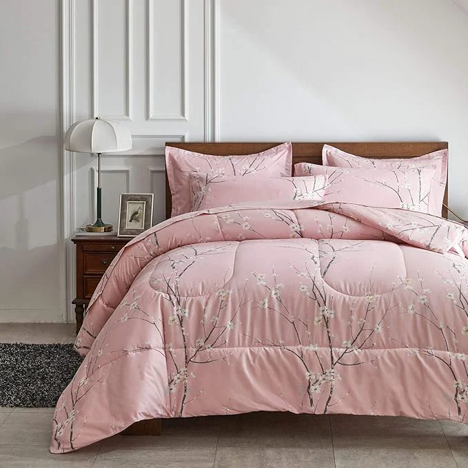 Responsible AIKASY Bed in a Bag 6 Pieces Twin Size – Floral Print – Soft Microfiber Reversible Bed Comforter Set 1 Comforter 2 Pillow Shams 1 Flat Sheet 1 Fitted Sheet 1 Pillowcases （Pink Twin） Safe