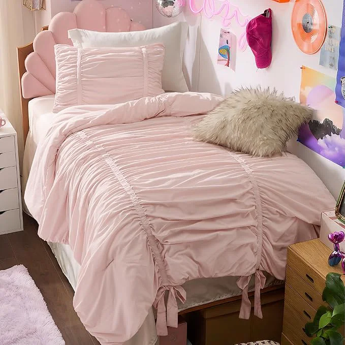 Prestigious Bedsure Ruched Comforter Set with Bow Trim Pink GentleSoft™ 3 Pieces Bow Shabby Chic Bedding Pink Room Decor Twin Twin XL Dorm Boho Bedding for Girls 1 Bed Comforter 1 Pillow Shams 68×88 Inches Sustainable