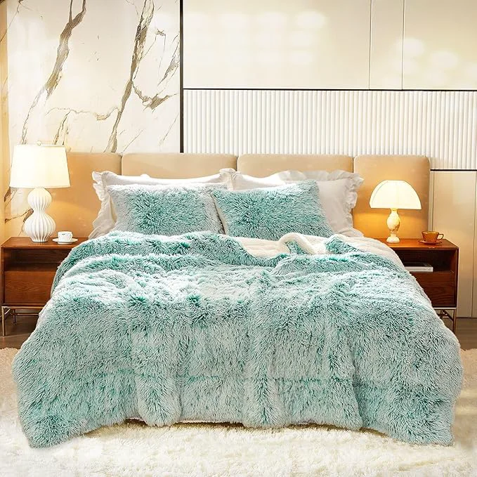 Powerful Luxury Faux Fur Shaggy Comforter Set Full Queen Size Plush amp Sherpa Reversible Comforter Teal with White 3-Piece Fluffy Fuzzy Bedding Set Ultra Soft and Warm for Winter 1 Comforter 2 Pillowcases Recyclable