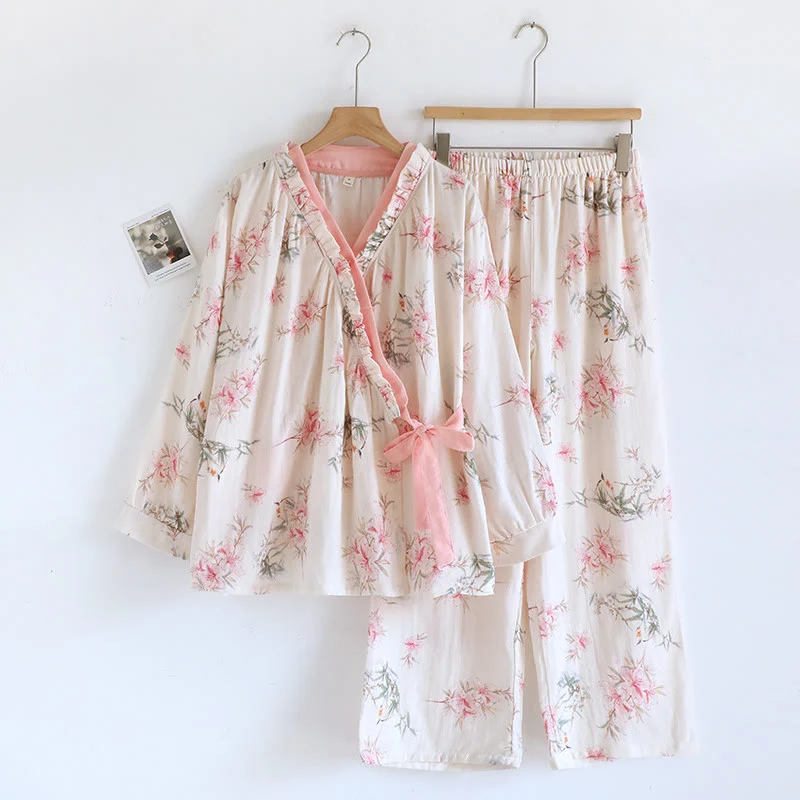 Minimalist Cotton Kimono Flower Pajamas​ Set Flexible