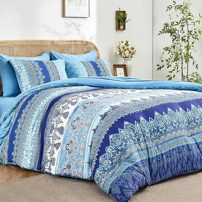 Modern Boho Queen Comforter Set Blue – 7 Pieces Bed in a Bag Floral Striped Comforter and Sheet Set Soft Microfiber Bohemian Bedding Sets Queen Size for All Season Blue Queen Responsible