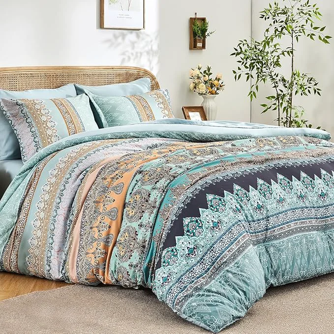 Fast Boho Comforter Set Queen – 7 Pieces Bed in a Bag Bohemian Striped Comforter Set with Sheets Soft Microfiber Sage Green Floral Bedding Set for All Season Detailed