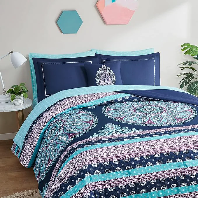 Fashionable Degrees of Comfort Queen Bed Set Boho Mandala Comforter Sets with Sheets Blue Microfibe Bed in A Bag with Side Pockets Matching Decorative Pillow 8 Piece Navy Enhanced