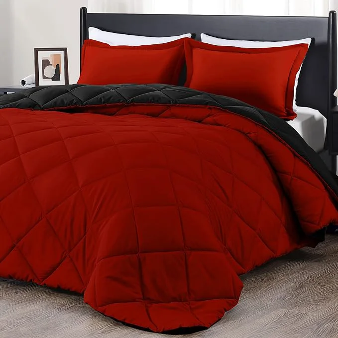 Comfortable downluxe Twin Comforter Set – Red and Black Twin Comforter Soft Bedding Sets for All Seasons – 2 Pieces – 1 Comforter 66 quot x92 quot and 1 Pillow Sham 20 quot x26 quot Quality