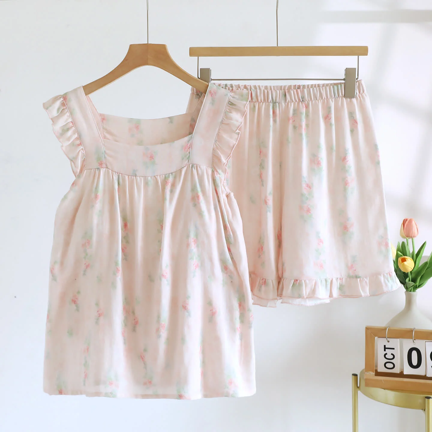 Selected Ownkoti Pink Floral Ruffle Padded Camisole Loungewear Set Artisan