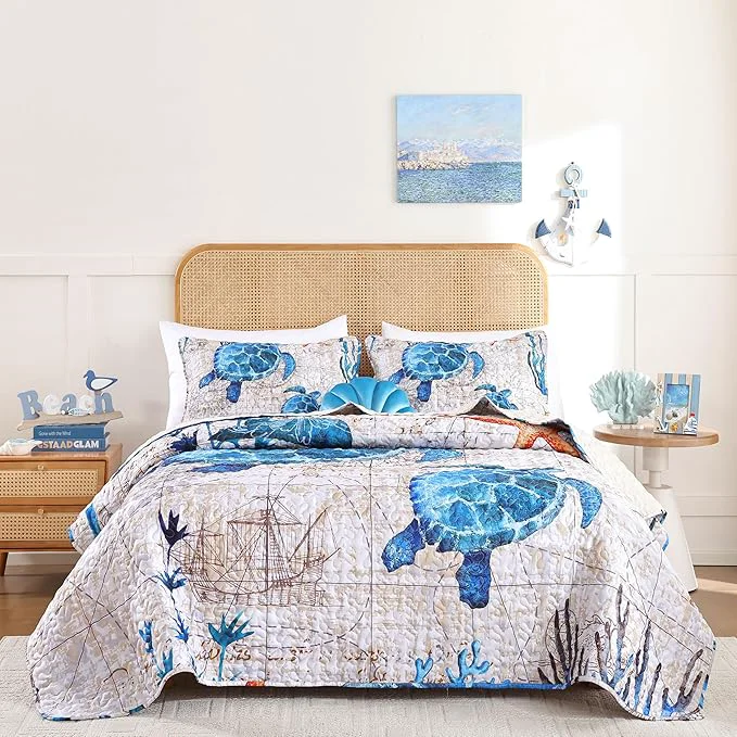 Convenient weigelia Coastal Quilts Bedding Set King Size – Summer Vintage Sea Turtles Nautical Bedding Quilt with Pillow Cases Beach Reversible Quilt Set Bedspreads Coverlet Soft Lightweight Comforter Proven