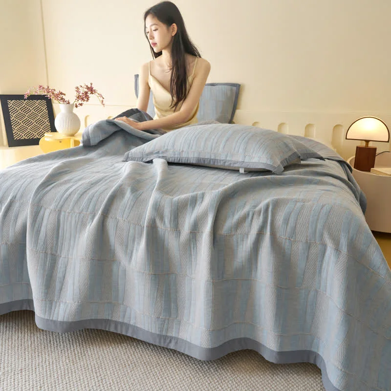 Reliable Ownkoti Blue Stripe Plaid Cotton Muslin Bedspread Secure